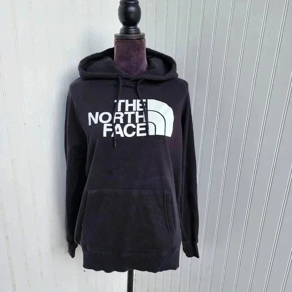 The North Face Hoodie Womens Black White Pullover Fleece Graphic Logo Pockets L - Picture 1 of 10